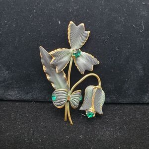 Vintage Made in Austria Plant Flower Brooch Pin‎ Gold Tone Aqua Rhinestones